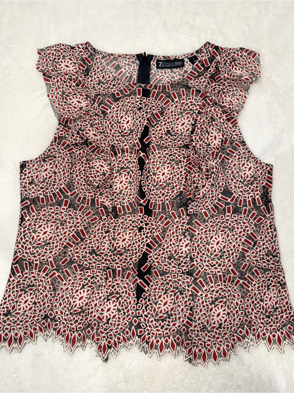 7th Avenue design.Red, Black and Cream Geometric Lace-Trim Sleeveless Blouse